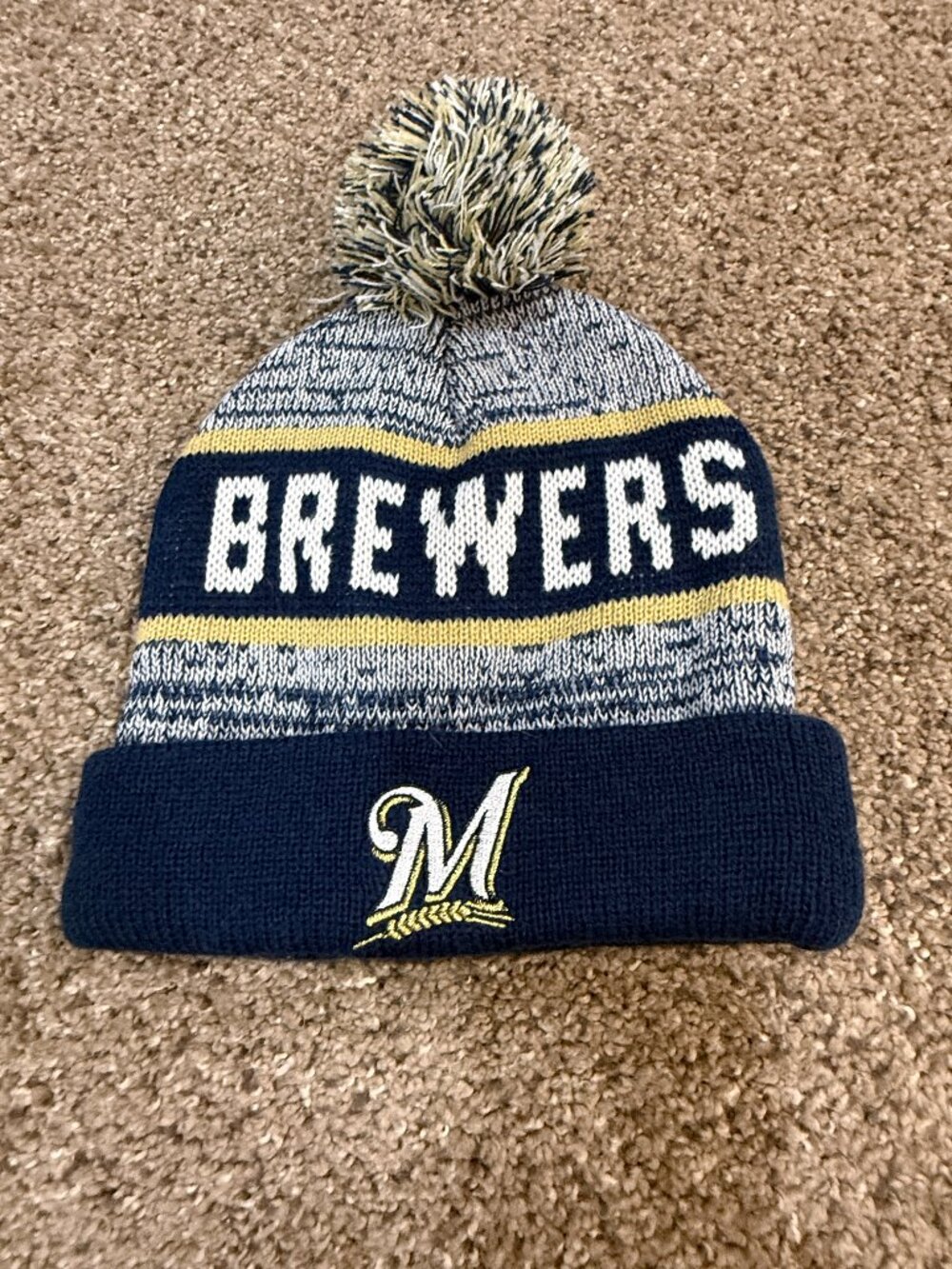 Milwaukee Brewers Navy Blue Winter Hat M Wheat Logo Pom Beanie